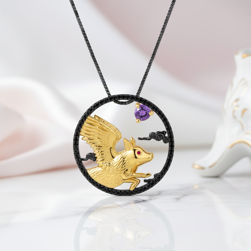 Year Of The Pig-Red Garnet Handmade Pig Chivalrous Necklace-Black Diamonds New York