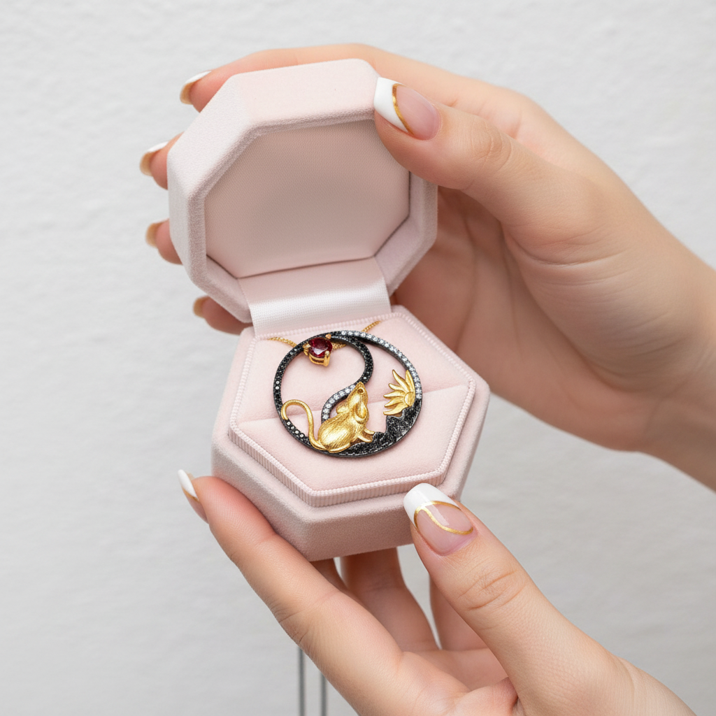 Year Of The Rat-Natural Garnet Handmade Rat Necklace-Black Diamonds New York