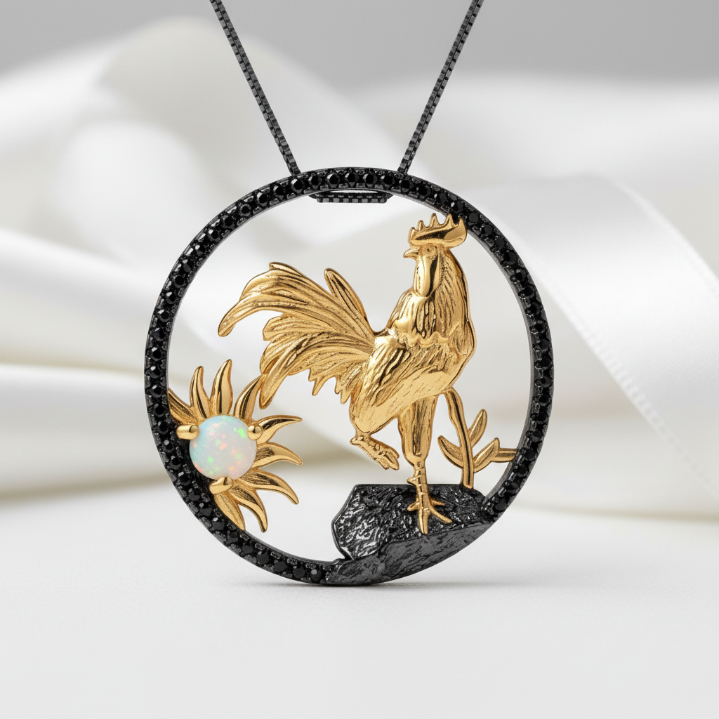 Year Of The Rooster- African Opal Gemstone Rooster Necklace-Black Diamonds New York