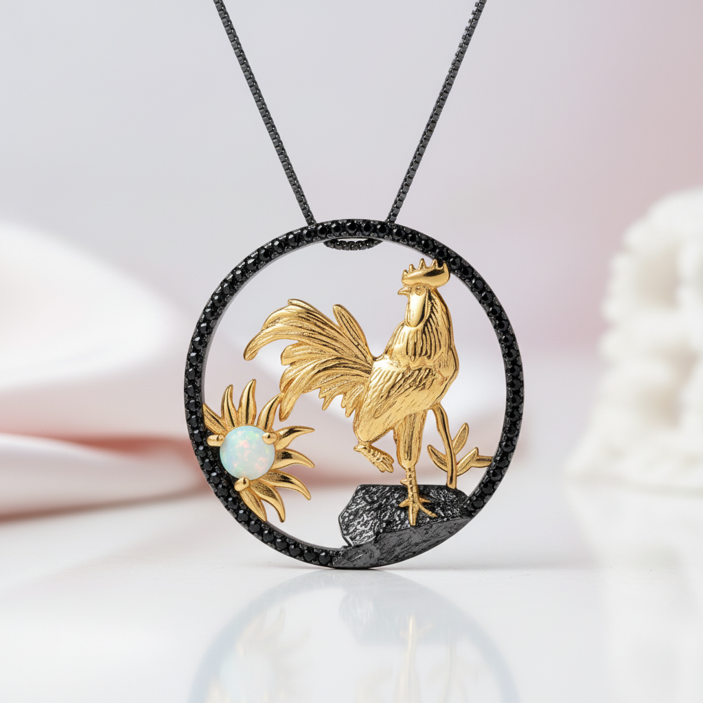 Year Of The Rooster- African Opal Gemstone Rooster Necklace-Black Diamonds New York