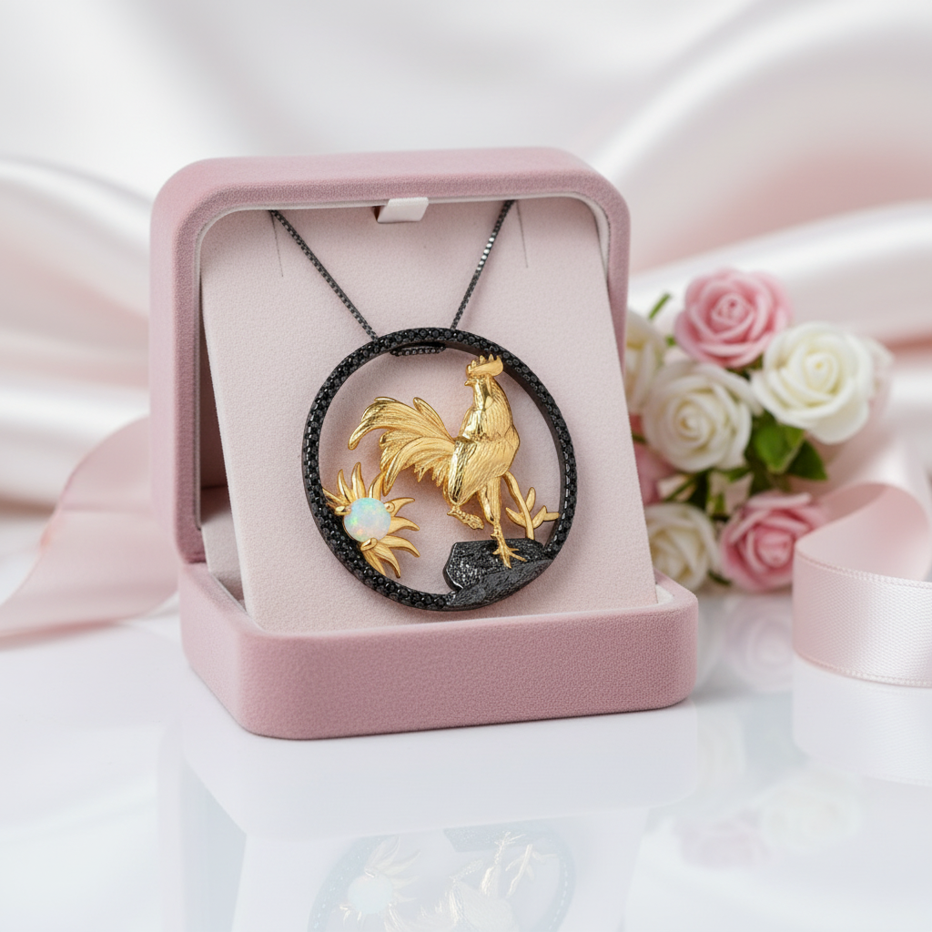 Year Of The Rooster- African Opal Gemstone Rooster Necklace-Black Diamonds New York