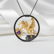 Year Of The Rooster- Red Garnet Handmade Rooster Necklace-Black Diamonds New York