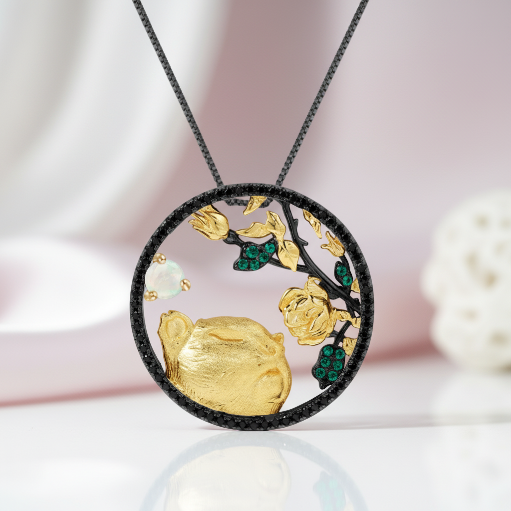 Year Of The Tiger- Red Garnet Gemstone Tiger Sniffs The Rose Necklace-Black Diamonds New York
