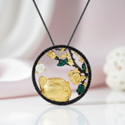 Year Of The Tiger- Red Garnet Gemstone Tiger Sniffs The Rose Necklace-Black Diamonds New York