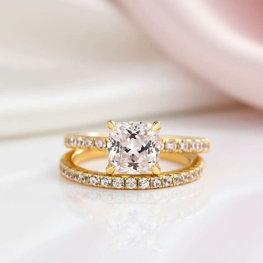 Yellow Gold 1.5 Carat Cushion Cut Ring Set-Black Diamonds New York