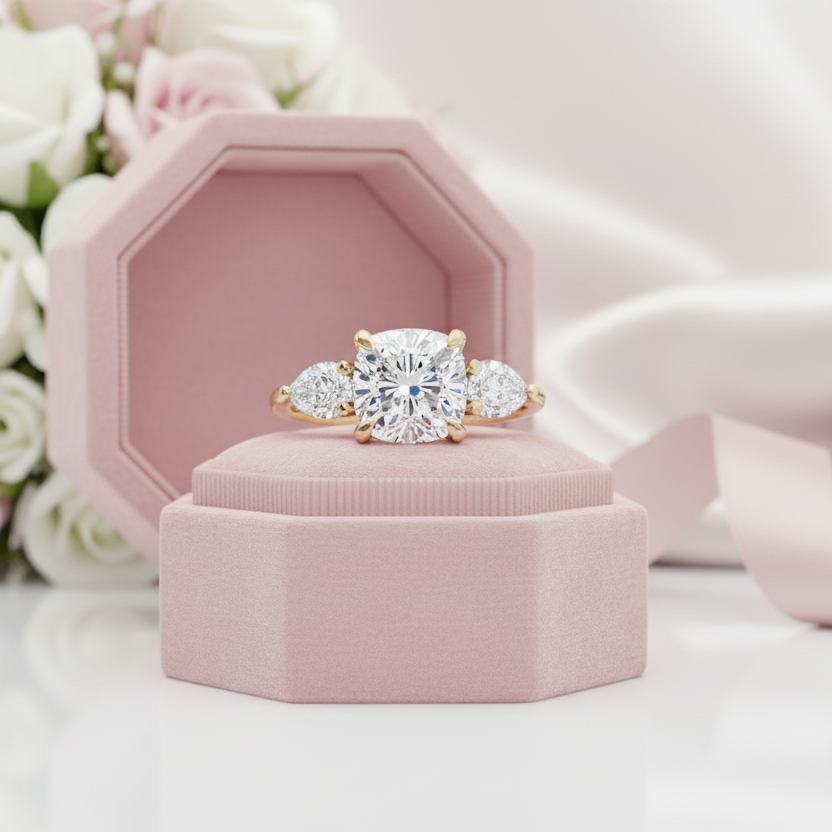 Yellow Gold 1.5ct Cushion Cut Three Stone Engagement-Black Diamonds New York