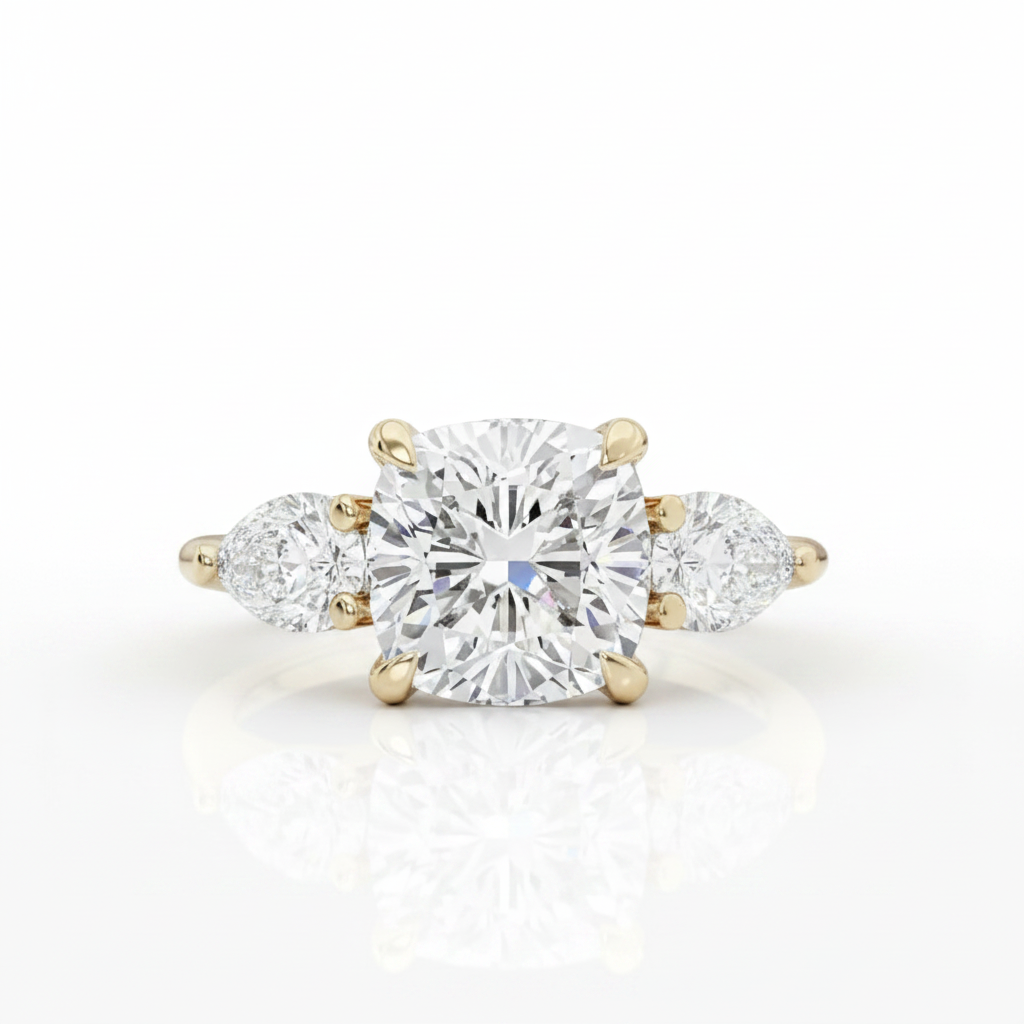 Yellow Gold 1.5ct Cushion Cut Three Stone Engagement-Black Diamonds New York
