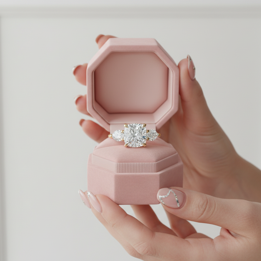 Yellow Gold 1.5ct Cushion Cut Three Stone Engagement-Black Diamonds New York