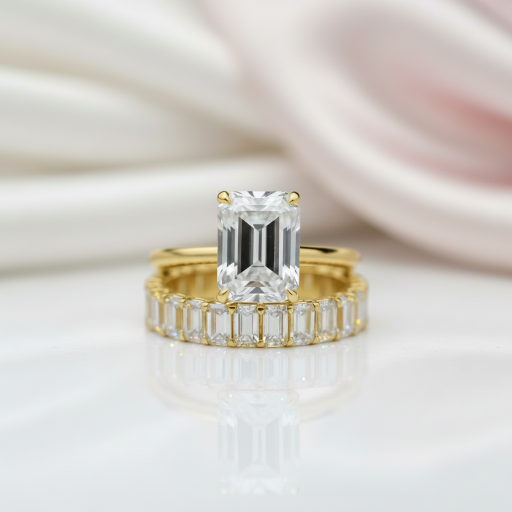 Yellow Gold 3.5ct Emerald Cut Engagement Ring & Emerald Cut Band-Black Diamonds New York