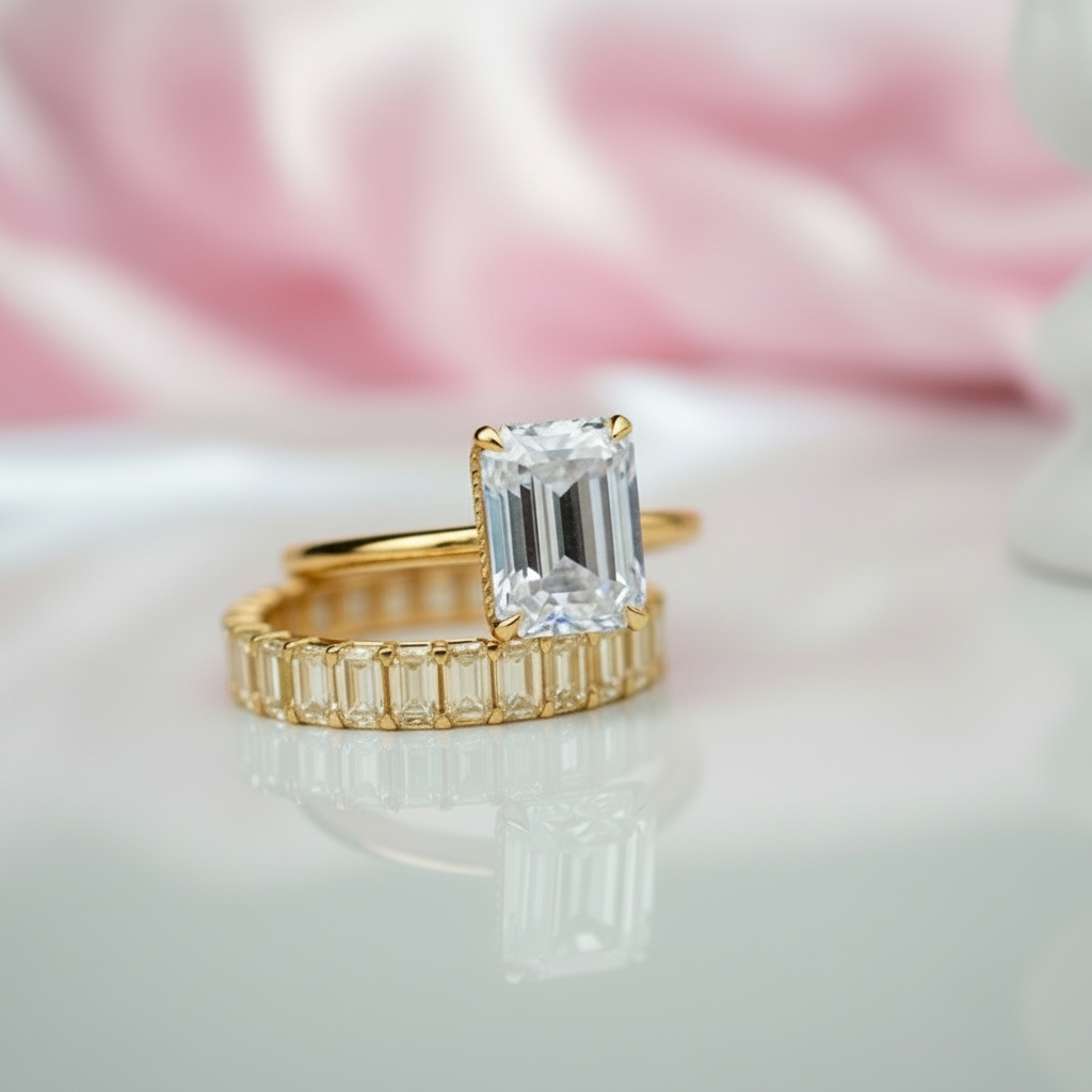 Yellow Gold 3.5ct Emerald Cut Engagement Ring & Emerald Cut Band-Black Diamonds New York