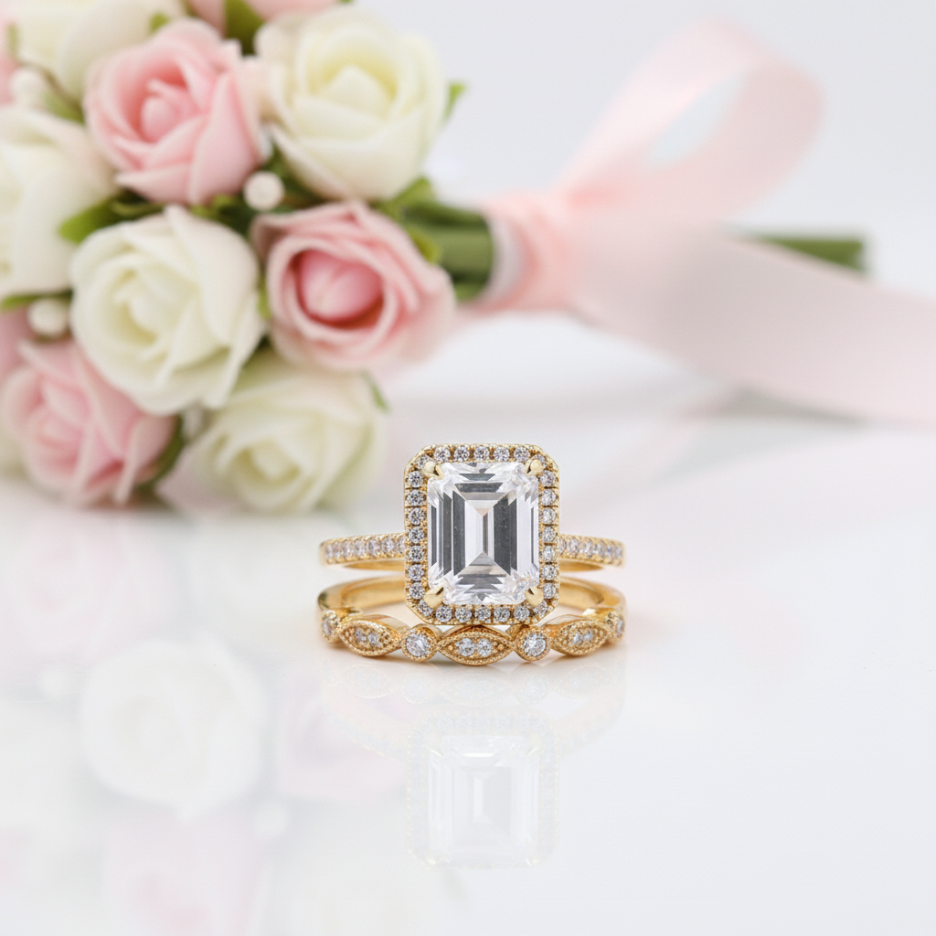 Yellow Gold 4.0 CT Emerald Cut Wedding Ring Set-Black Diamonds New York