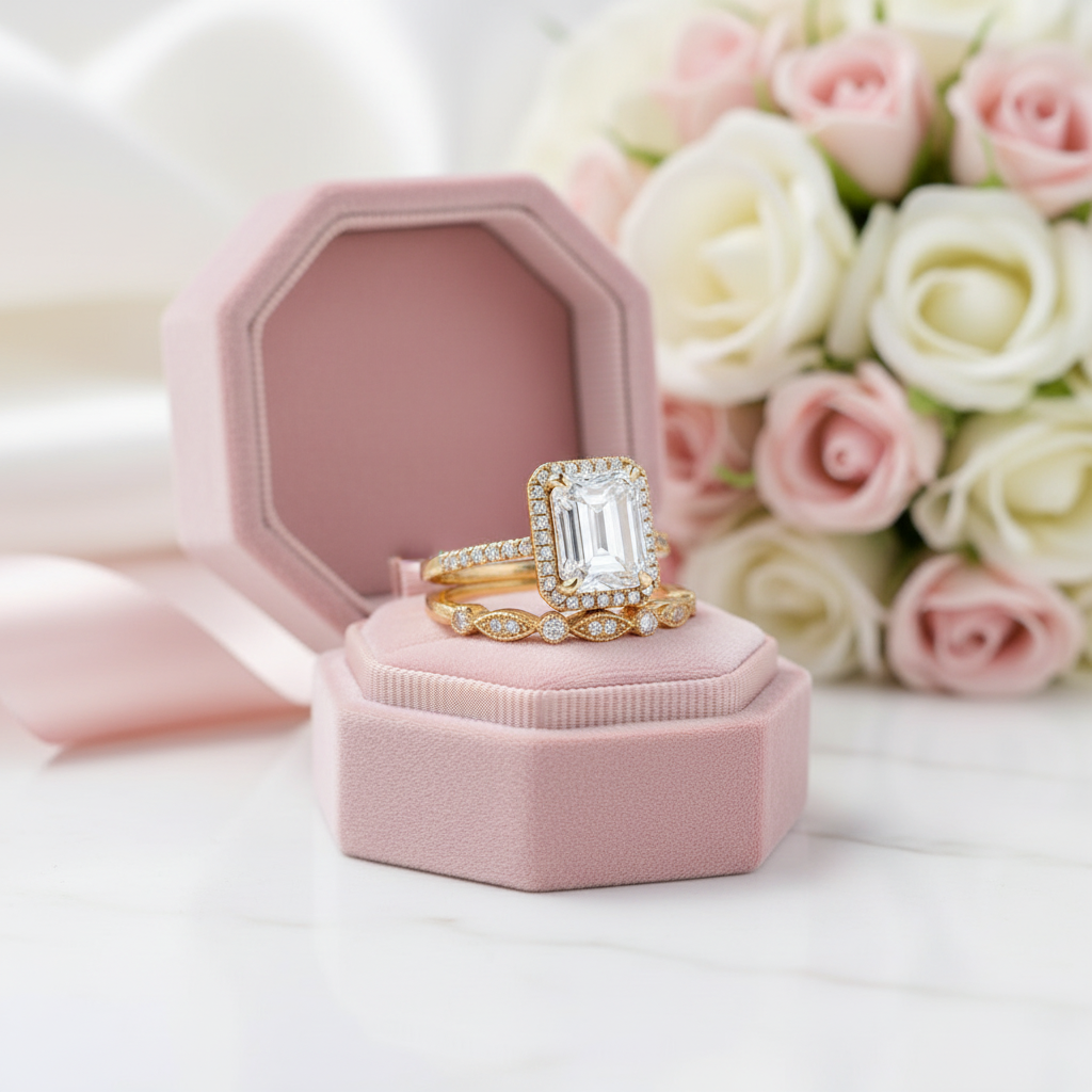 Yellow Gold 4.0 CT Emerald Cut Wedding Ring Set-Black Diamonds New York