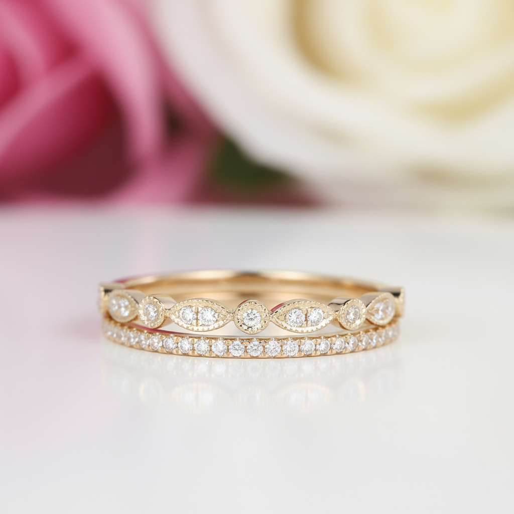 Yellow Gold Art Deco Eternity Stackable Wedding Band Set-Black Diamonds New York