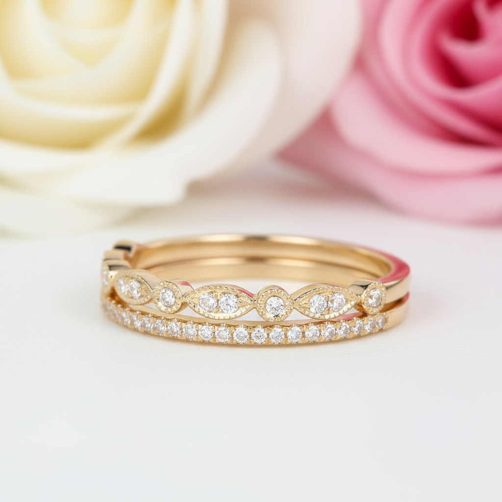 Yellow Gold Art Deco Eternity Stackable Wedding Band Set-Black Diamonds New York