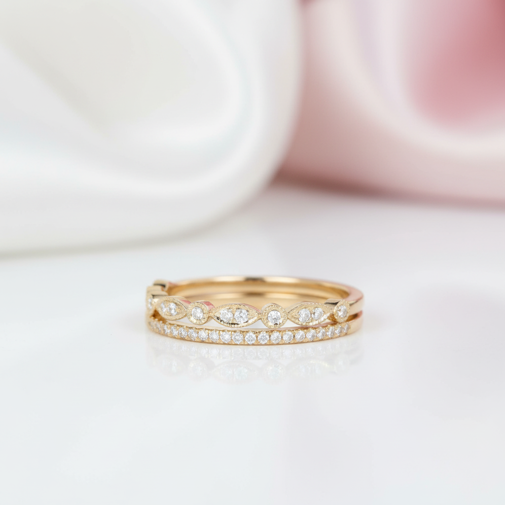 Yellow Gold Art Deco Eternity Stackable Wedding Band Set-Black Diamonds New York