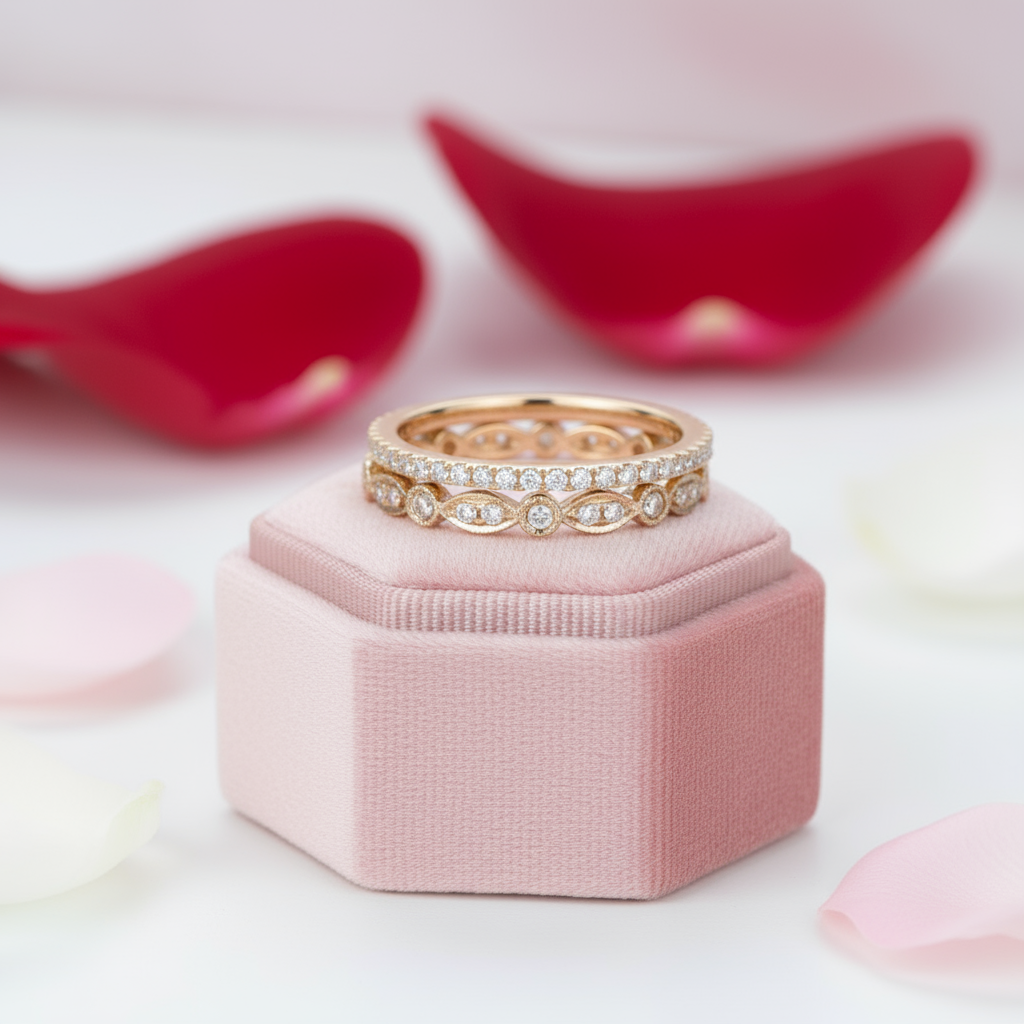 Yellow Gold Art Deco Eternity Stackable Wedding Band Set-Black Diamonds New York