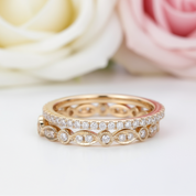 Yellow Gold Art Deco Eternity Stackable Wedding Band Set-Black Diamonds New York