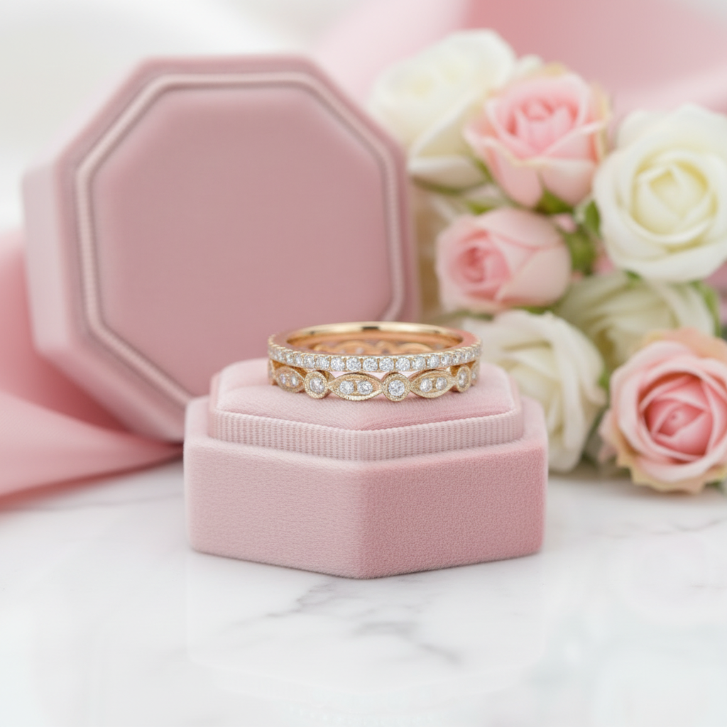Yellow Gold Art Deco Eternity Stackable Wedding Band Set-Black Diamonds New York