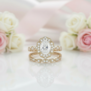 Yellow Gold Art Deco Halo Milgrain Oval Cut Wedding Set-Black Diamonds New York