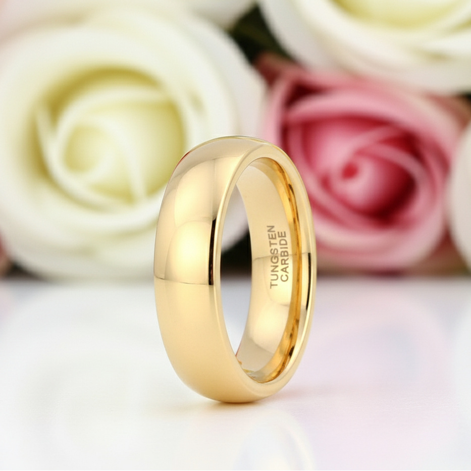 Yellow Gold Classic Tungsten Wedding Band-Black Diamonds New York
