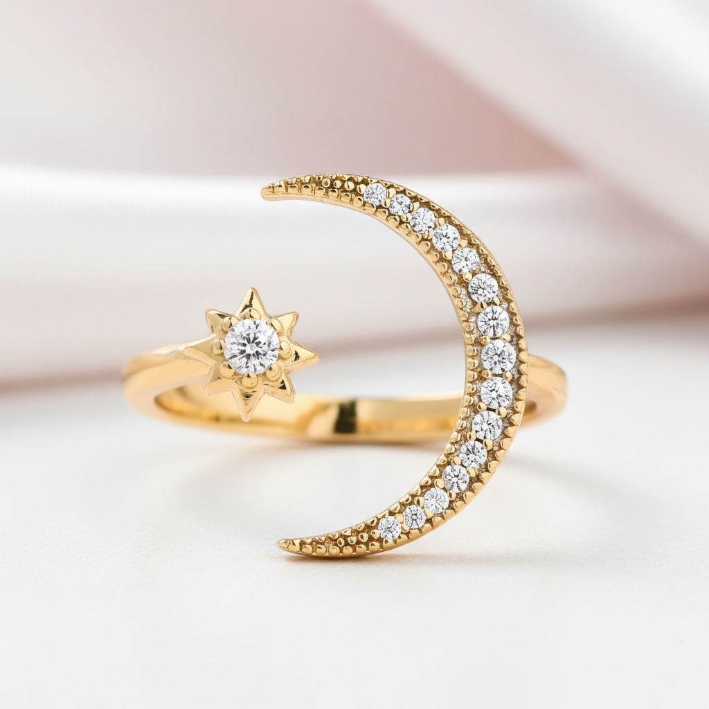 Yellow Gold Crescent Moon & Star Adjustable Open Ring-Black Diamonds New York