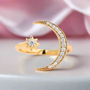 Yellow Gold Crescent Moon & Star Adjustable Open Ring-Black Diamonds New York