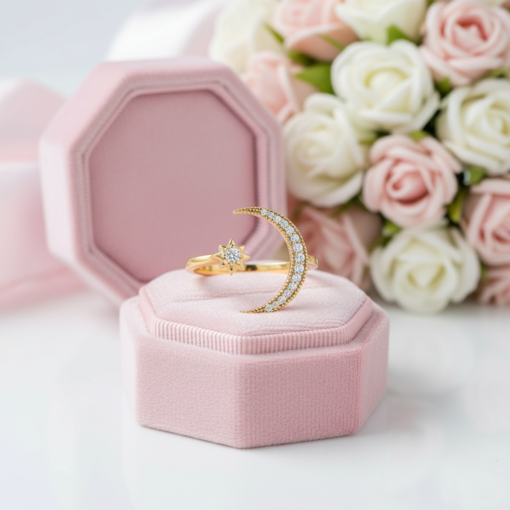 Yellow Gold Crescent Moon & Star Adjustable Open Ring-Black Diamonds New York