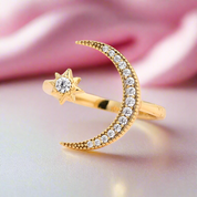 Yellow Gold Crescent Moon & Star Adjustable Open Ring-Black Diamonds New York