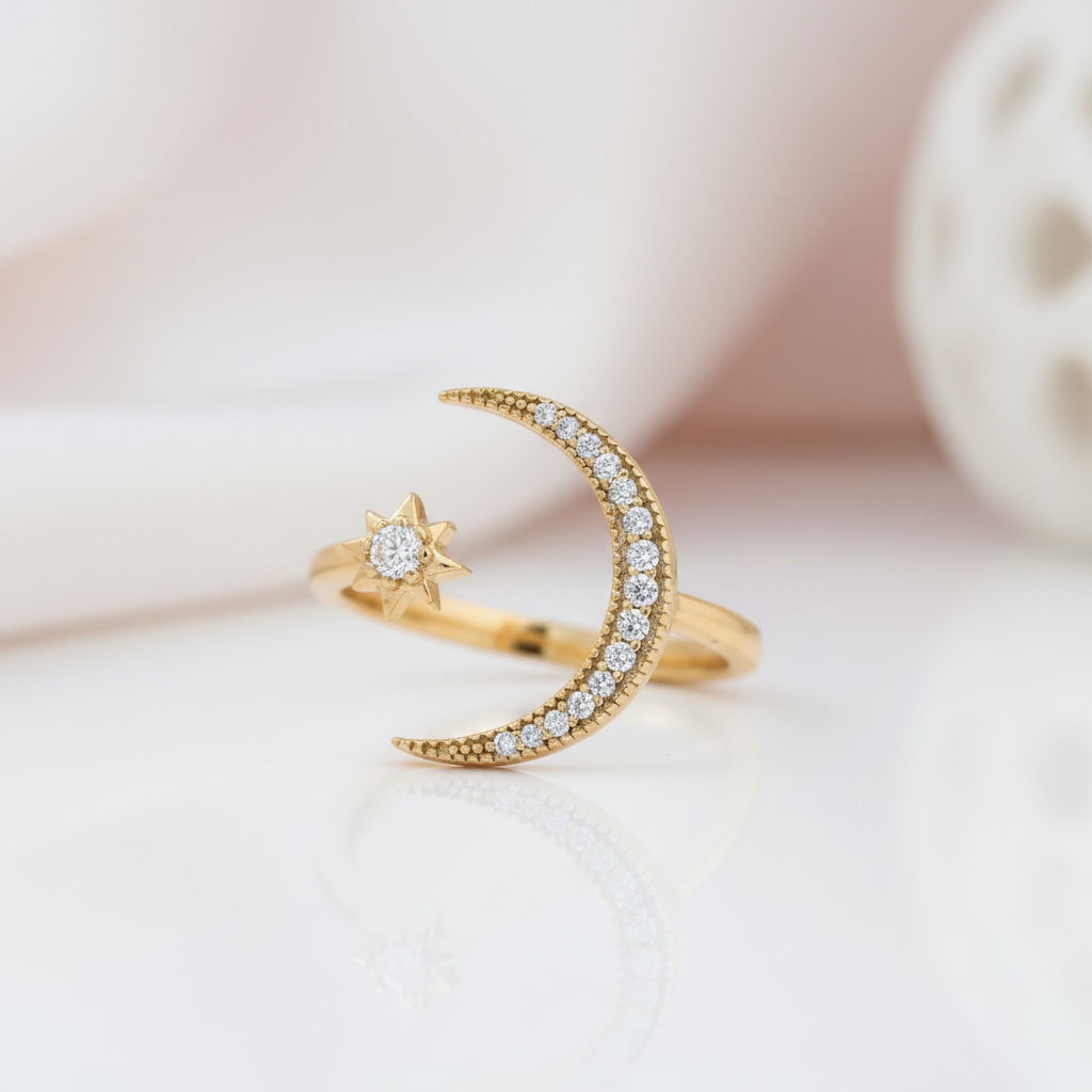 Yellow Gold Crescent Moon & Star Adjustable Open Ring-Black Diamonds New York