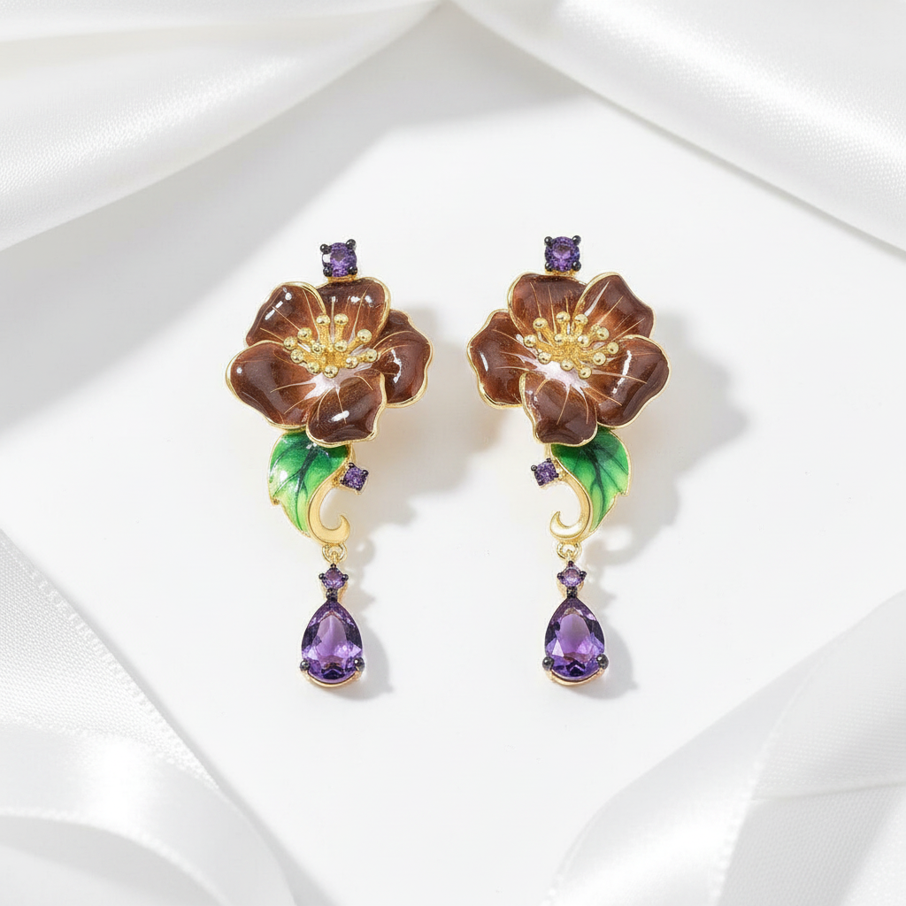 Yellow Gold Enamel Flower with Diamond Option Jewelry Set-Black Diamonds New York
