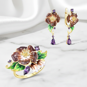 Yellow Gold Enamel Flower with Diamond Option Jewelry Set-Black Diamonds New York