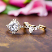 Yellow Gold Flower Halo Design Round Cut Wedding Set-Black Diamonds New York