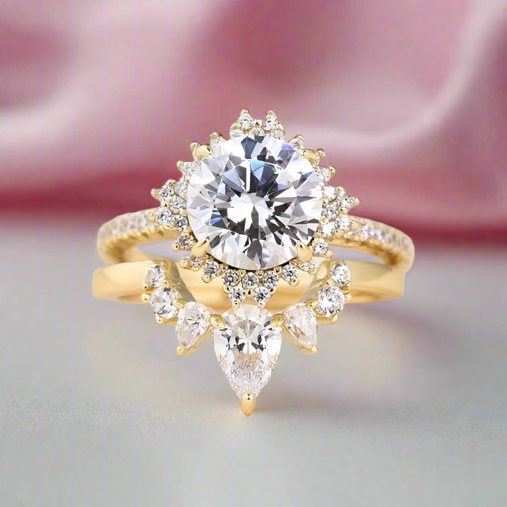 Yellow Gold Flower Halo Design Round Cut Wedding Set-Black Diamonds New York