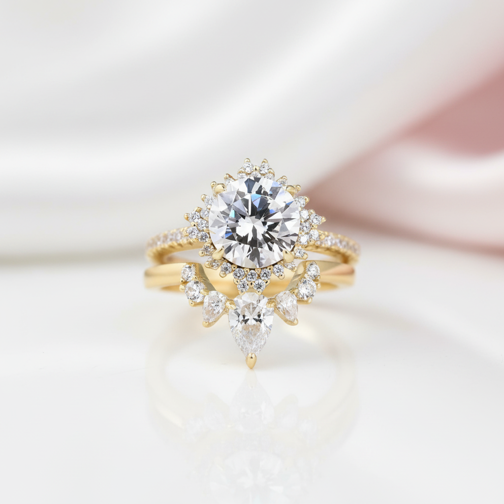 Yellow Gold Flower Halo Design Round Cut Wedding Set-Black Diamonds New York