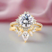 Yellow Gold Flower Halo Design Round Cut Wedding Set-Black Diamonds New York