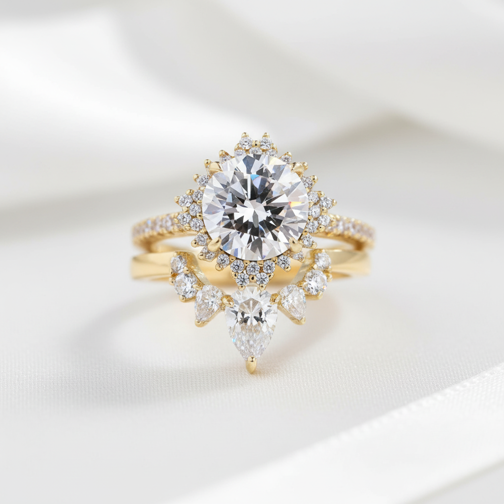 Yellow Gold Flower Halo Design Round Cut Wedding Set-Black Diamonds New York