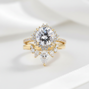 Yellow Gold Flower Halo Design Round Cut Wedding Set-Black Diamonds New York