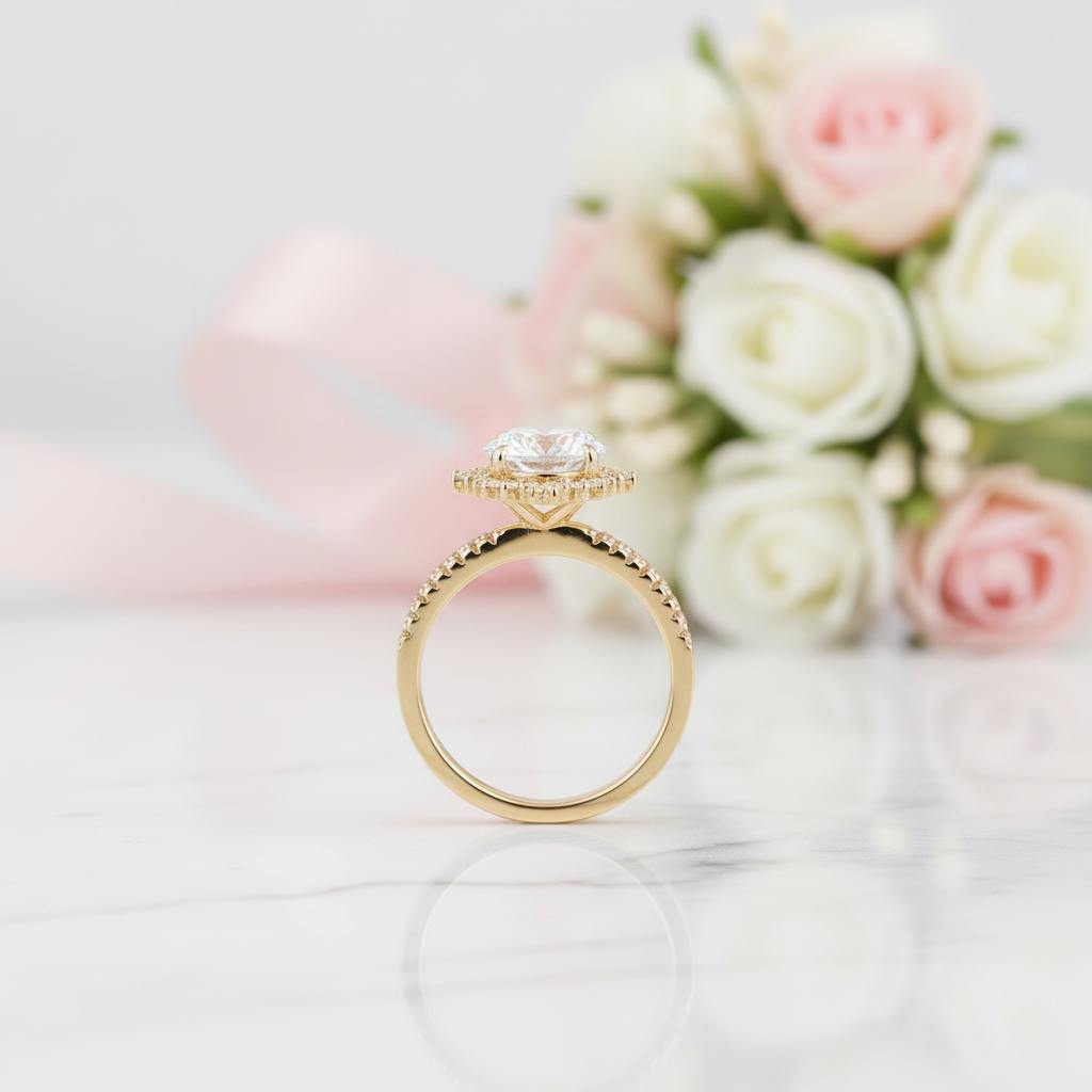 Yellow Gold Flower Halo Round Cut Engagement Ring-Black Diamonds New York