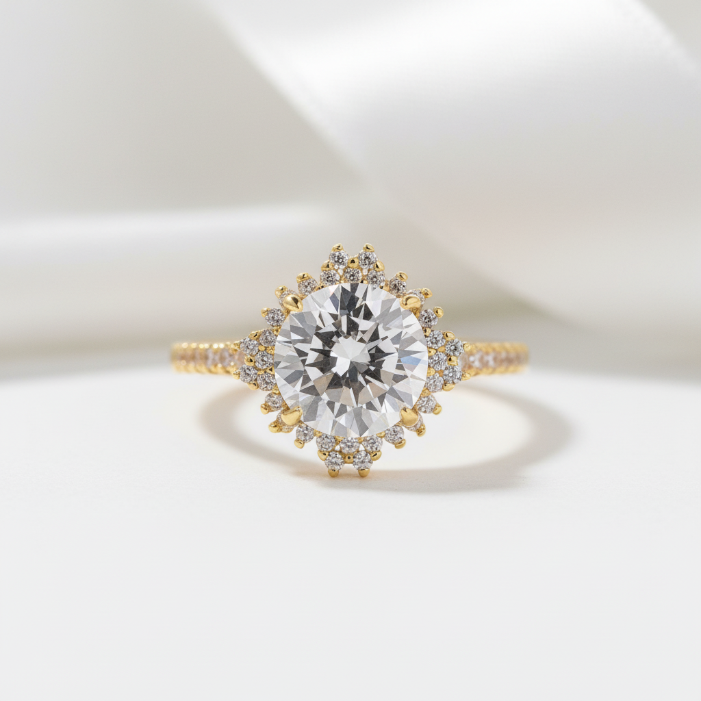 Yellow Gold Flower Halo Round Cut Engagement Ring-Black Diamonds New York