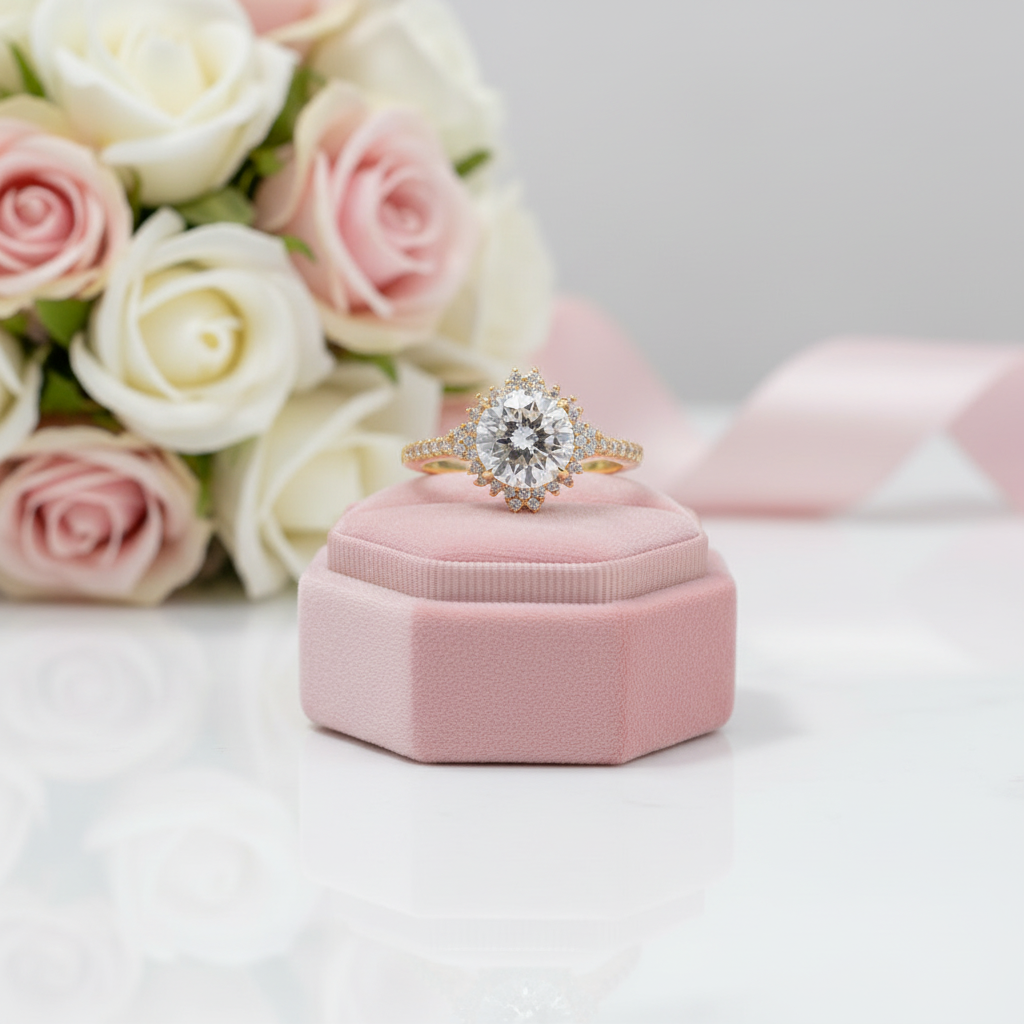 Yellow Gold Flower Halo Round Cut Engagement Ring-Black Diamonds New York