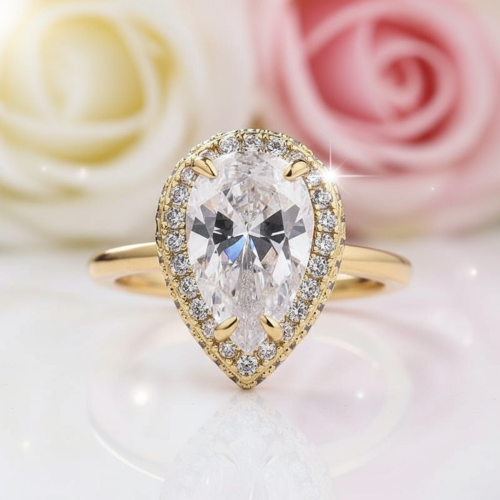 Yellow Gold Halo Pear Cut Simulated Diamonds Bridal Set-Black Diamonds New York