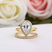 Yellow Gold Halo Pear Cut Simulated Diamonds Bridal Set-Black Diamonds New York