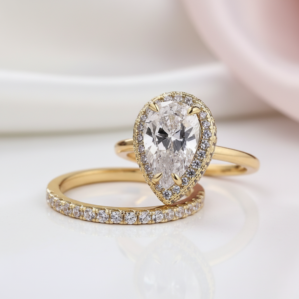 Yellow Gold Halo Pear Cut Simulated Diamond Options Bridal Set-Black Diamonds New York