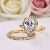 Yellow Gold Halo Pear Cut Simulated Diamonds Bridal Set-Black Diamonds New York