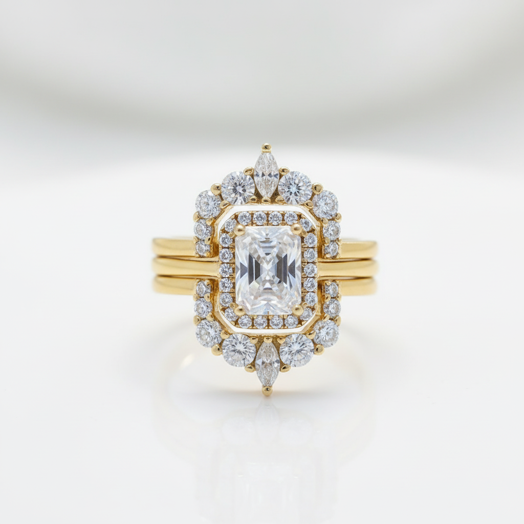 Yellow Gold Halo Radiant Cut 3PC Wedding Set-Black Diamonds New York