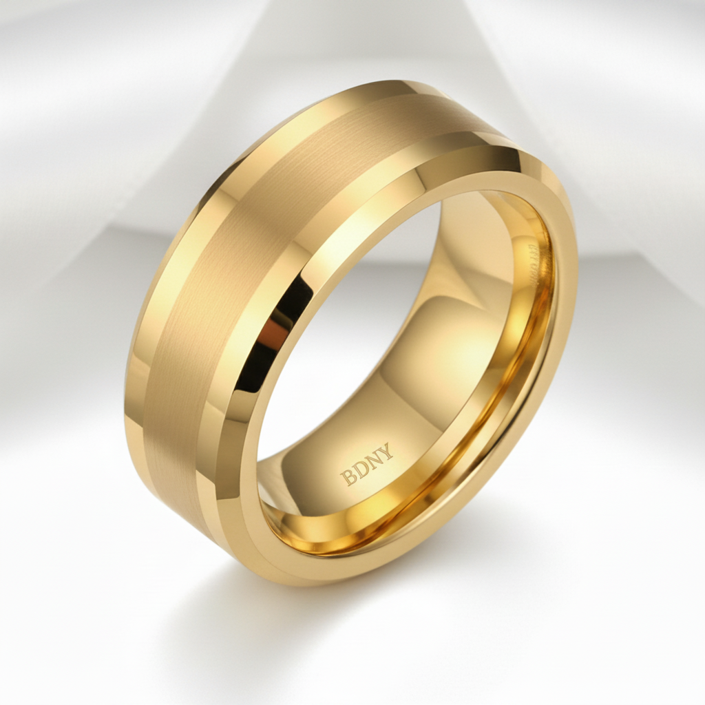Yellow Gold Men's Tungsten Carbide Luxury Wedding Band-Black Diamonds New York