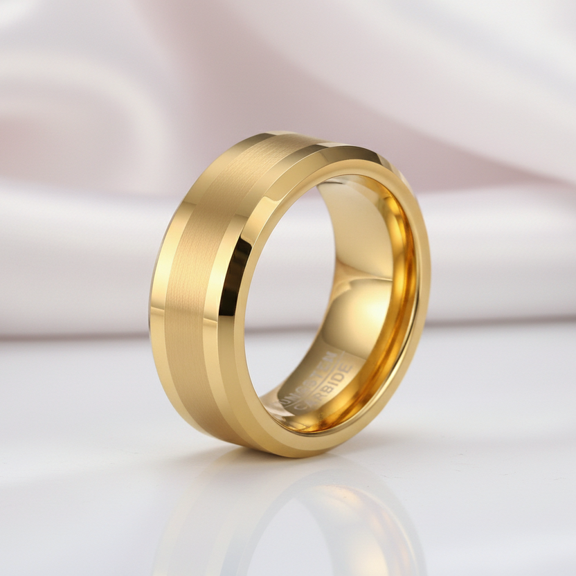 Yellow Gold Men's Tungsten Carbide Luxury Wedding Band-Black Diamonds New York