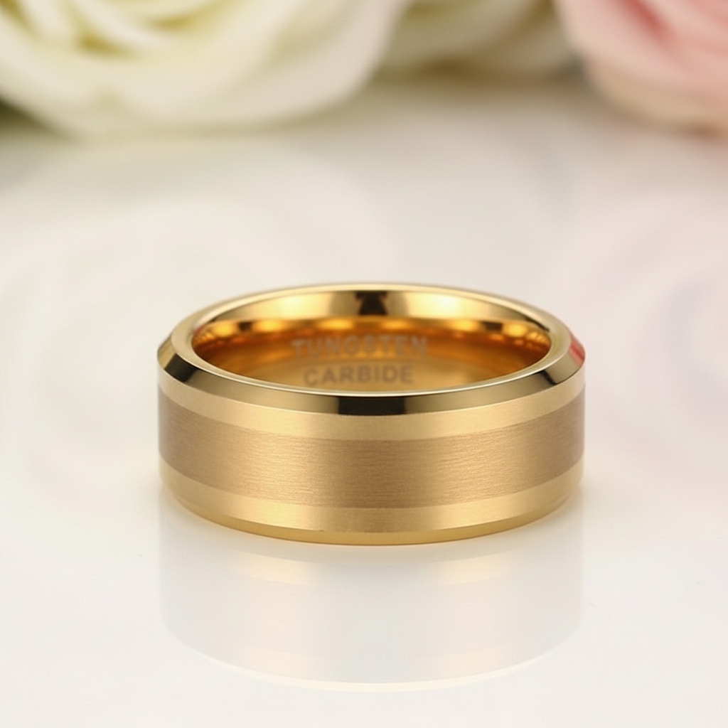 Yellow Gold Men's Tungsten Carbide Luxury Wedding Band-Black Diamonds New York