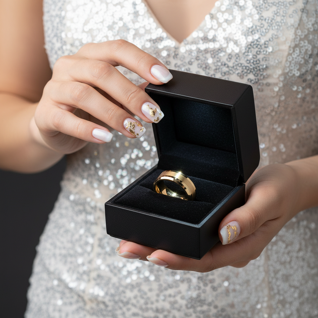Yellow Gold Men's Tungsten Carbide Luxury Wedding Band-Black Diamonds New York