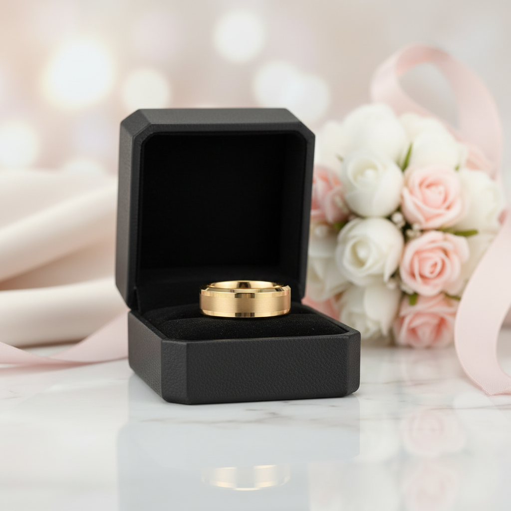 Yellow Gold Men's Tungsten Carbide Luxury Wedding Band-Black Diamonds New York